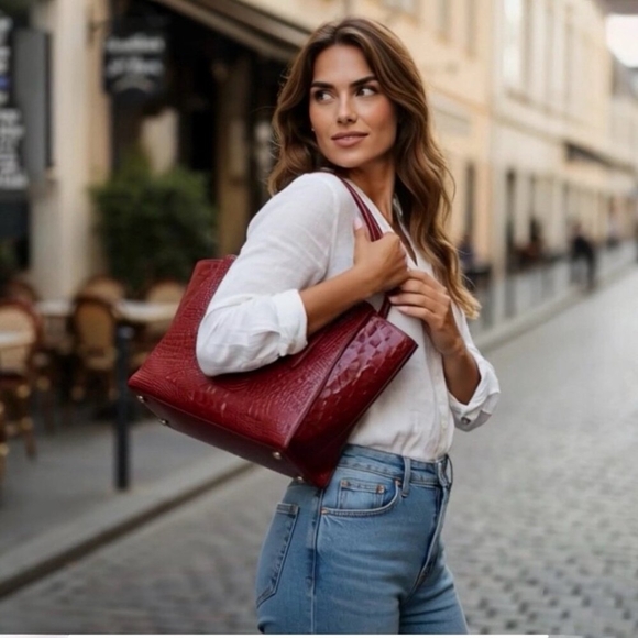 Brahmin Paris Croc Embossed Leather Shoulder Tote Bag Cherry Red Large Excellent - Picture 4 of 12